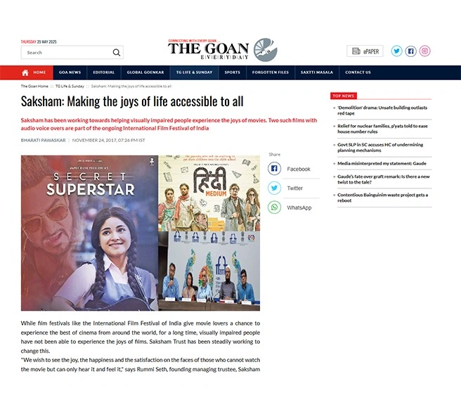 Press 1, The Goan Everyday November 24, 2017, title - Saksham Making the Joys of Life Accessible to all